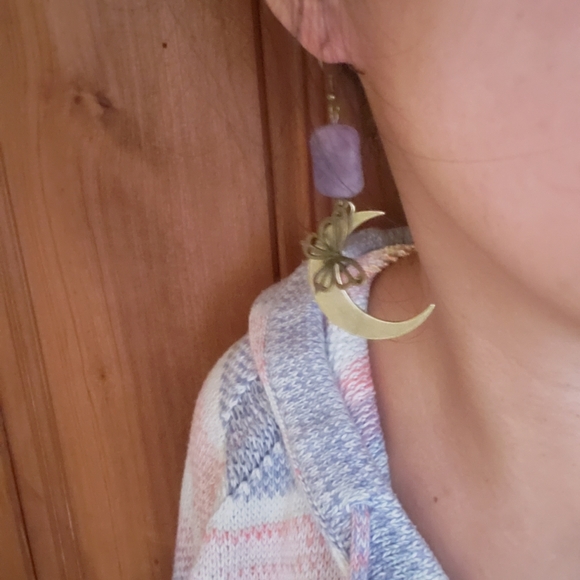 Amethyst Crystal + Rustic Crescent Moon + Butterfly Handmade Healing Earrings - Picture 4 of 5